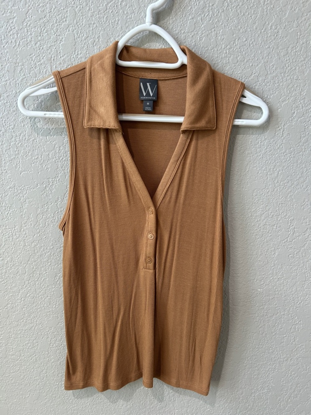 W by Worth Ribbed Sleeveless Polo Tank Top in Camel Brown